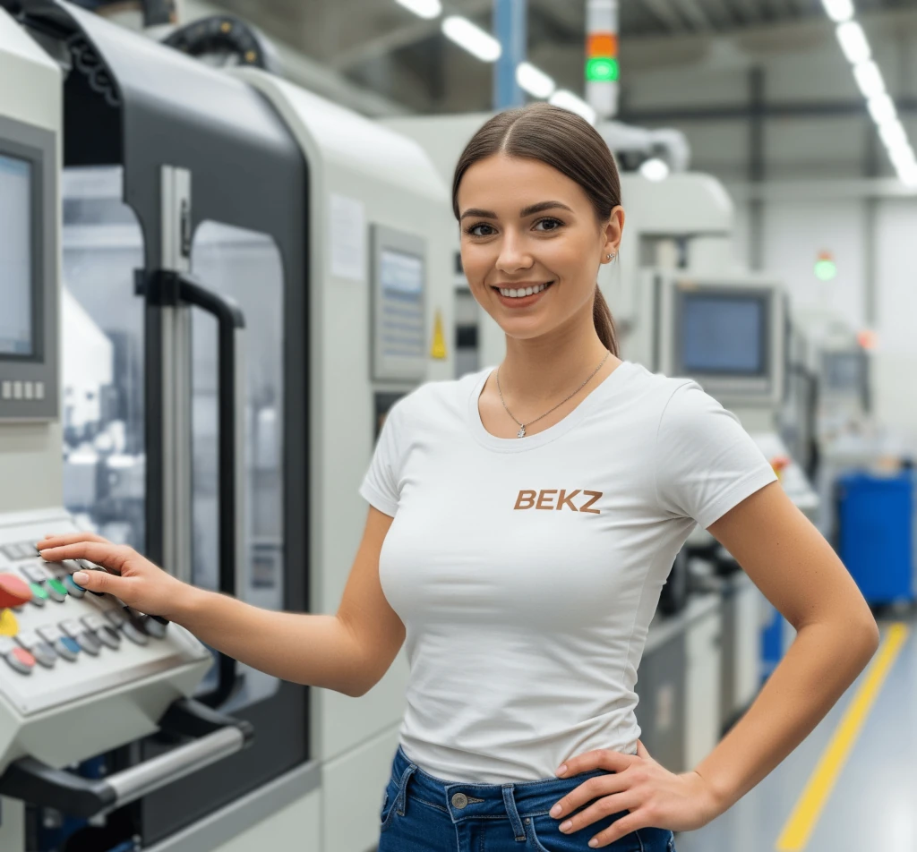 Bild zeigt eine BEKZ Mitarbeiterin in einer Werkhalle. Die Umgebung wirkt professionell und industriell.