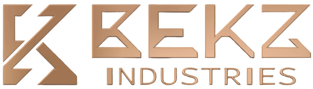 Firmen-logo der BEKZ GmbH. Geometrisches bronzefarbenes Symbol links und kantige Schrift BEKZ INDUSTRIES rechts.