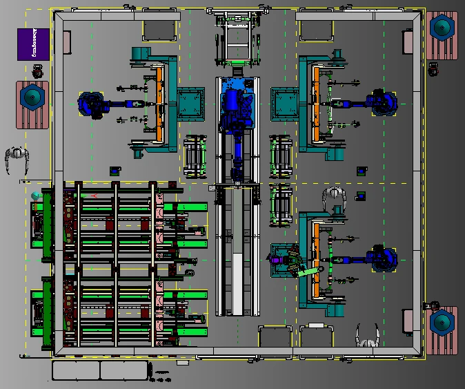 CAD-Rendering aus der Vogelperspektive zeigt das Layout einer industriellen MAG-Schweißanlage