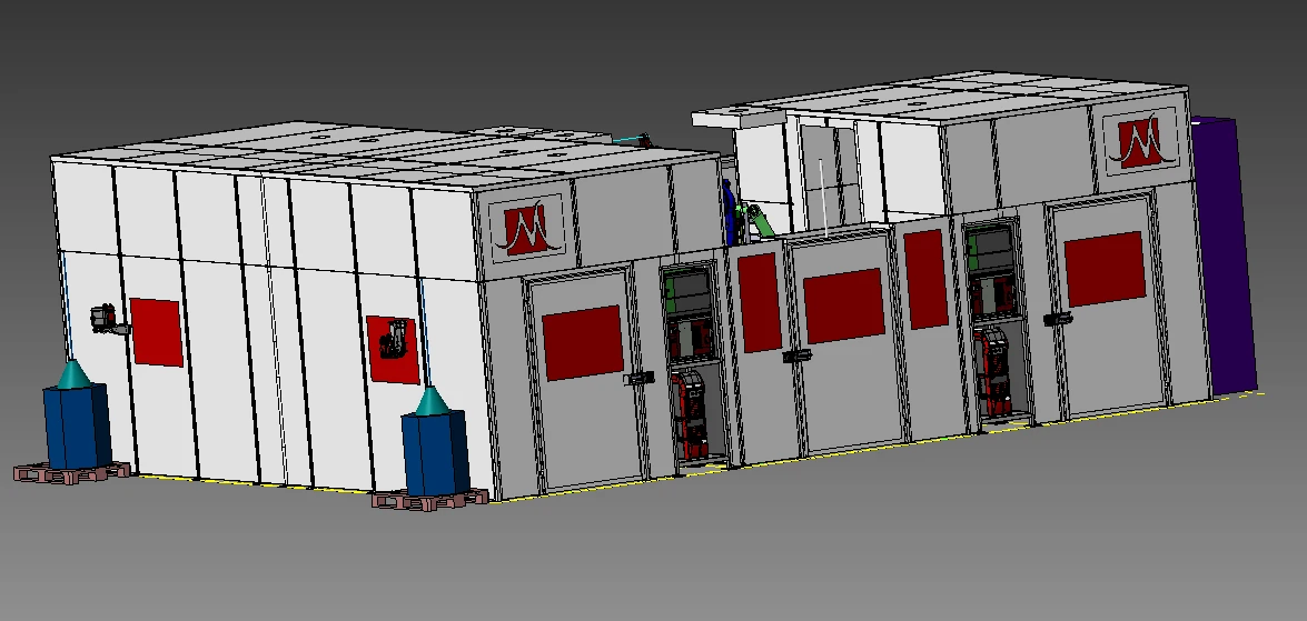 3D CAD-Rendering einer industriellen MAG-Schweißanlage mit detaillierten mechanischen Komponenten und Verkleidungselementen in einer Fabrikumgebung. 