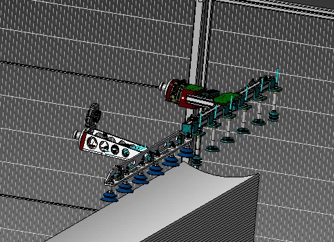 Technische Detailaufnahme einer Holzbearbeitungsanlage.