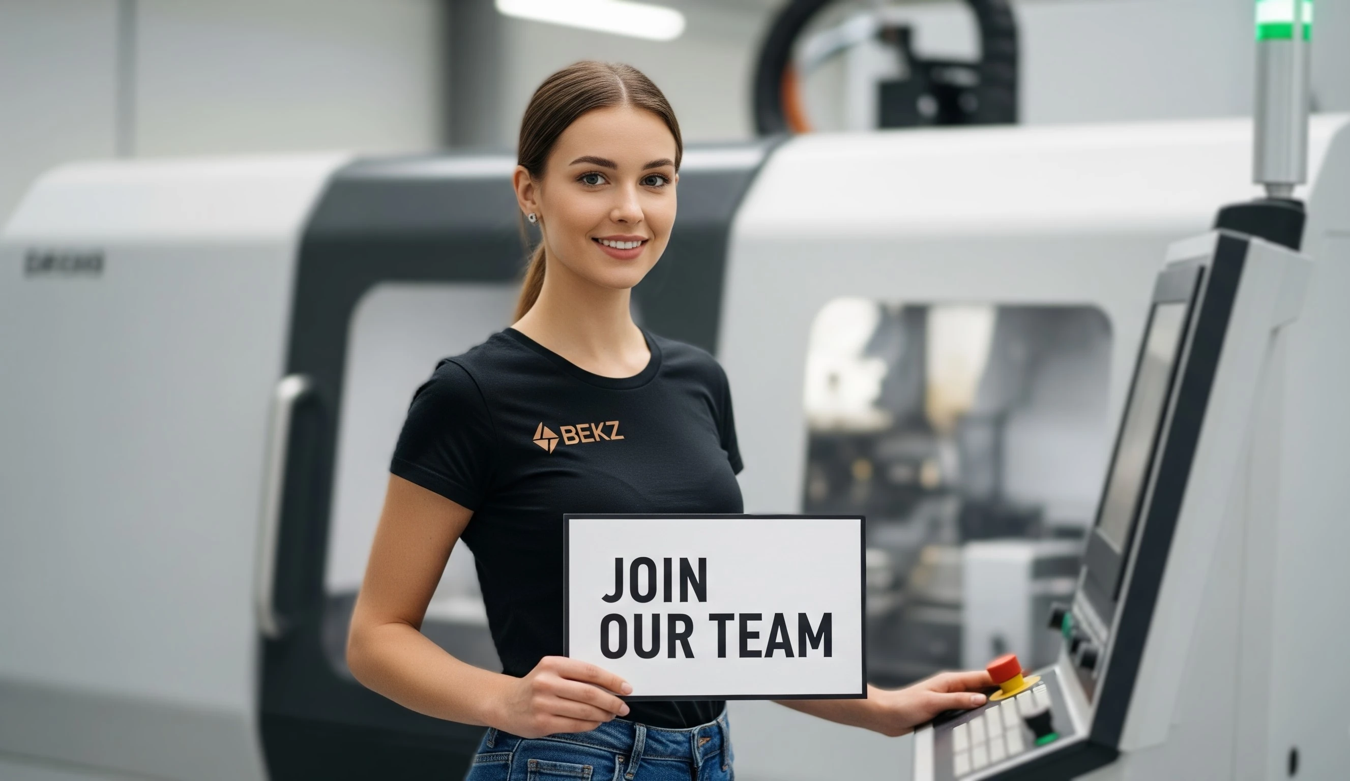 Eine Frau steht in einem modernen Fabrikgebäude vor einer Maschine und hält ein Schild mit der Aufschrift 'Join Our Team' hoch.